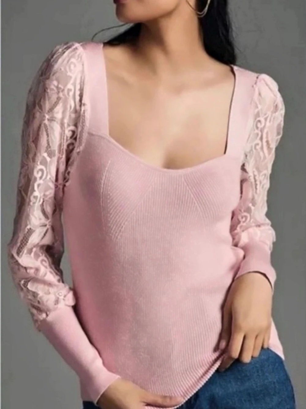 Anthropologie Pink Lace Sleeve Sweater Size S/M